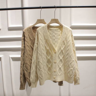 清新甜美秋裝新款復(fù)古麻花單排扣針織衫毛衣開(kāi)衫外套女